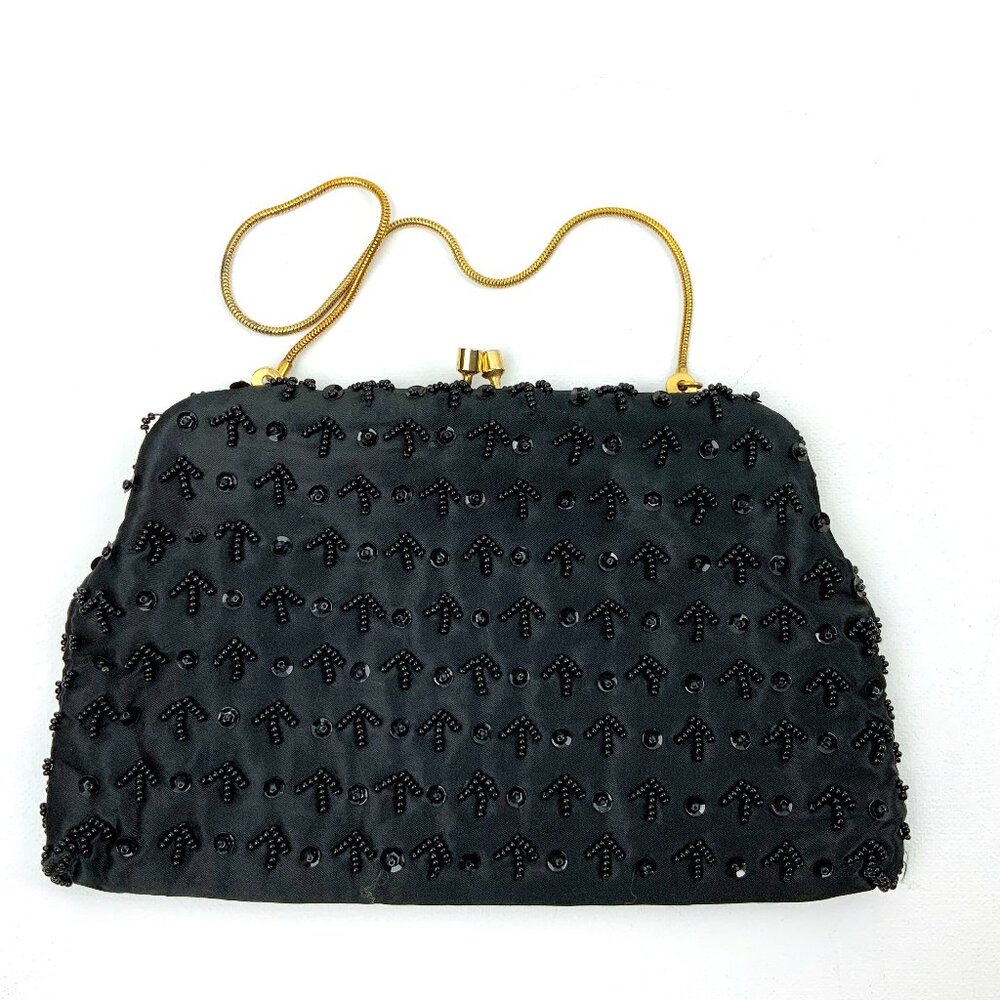 Vintage 60s Black Satin Silk Beaded and Sequined Evening Party Clutch/Bag - Picture 7 of 16